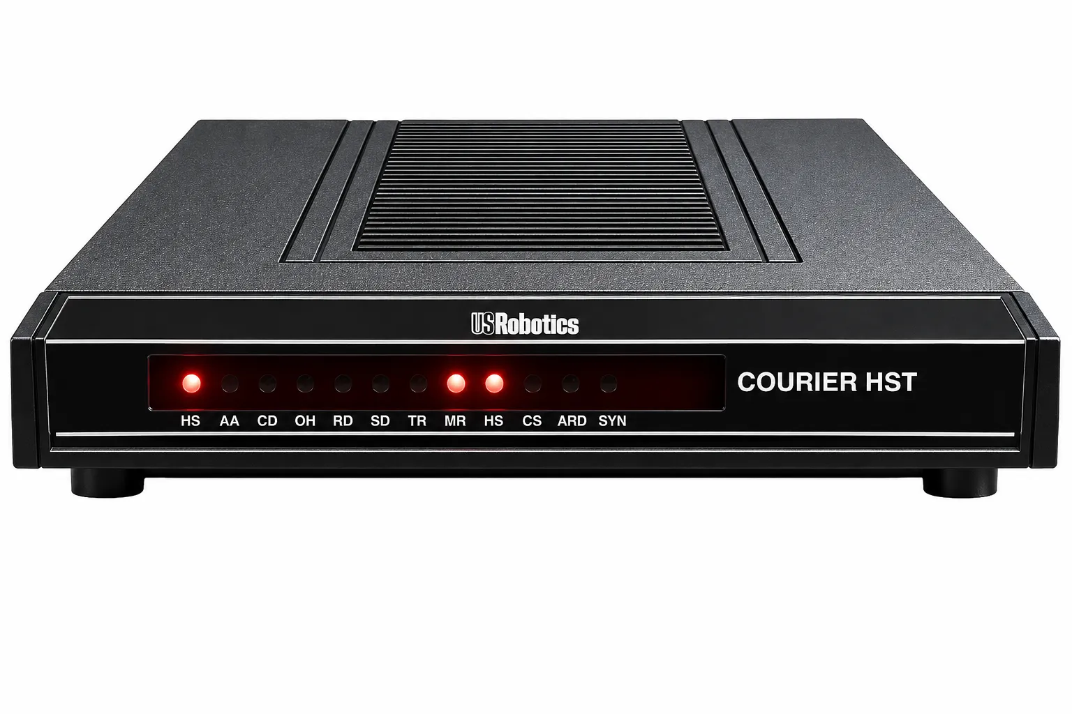 USRobotics Courier HST: ein schwarzes Modem mit roten LED-Statusanzeigen an der Front