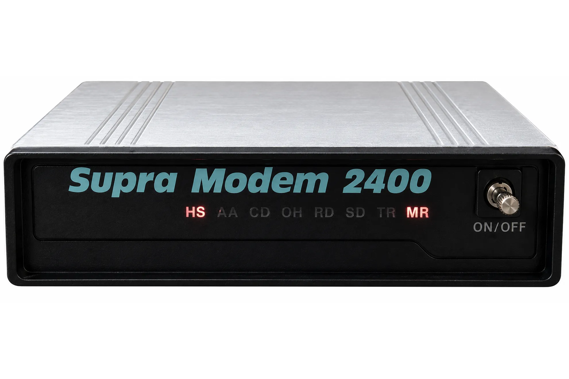 SupraModem 2400: ein flaches Modem mit schwarzer Front, silberner Oberseite und LED-Statusanzeigen
