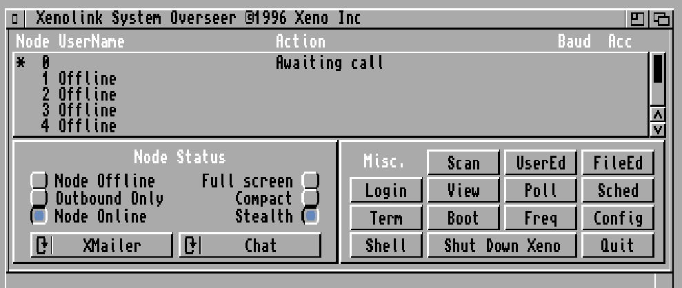 Der Xenolink System Overseer von 1996: eine Liste der Nodes mit Node 0 im Zustand „Awaiting call“ und den Nodes 1 bis 4 offline, darunter Schaltflächen für Node-Status, Login, Poll, Konfiguration und Herunterfahren.